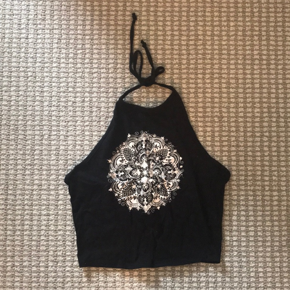 Black Cropped Halter Top with White Design